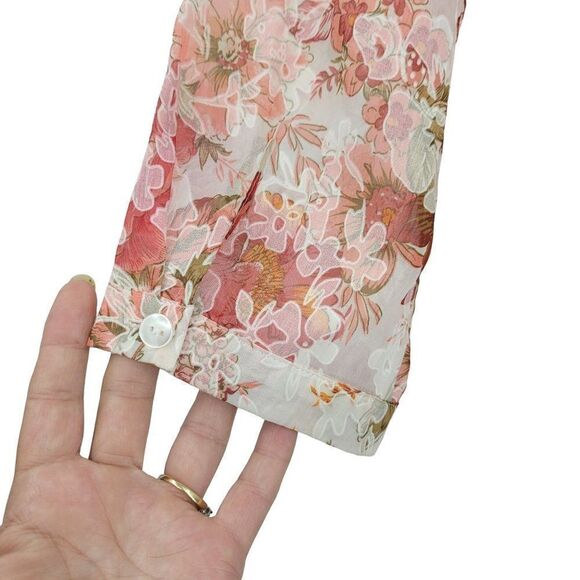 Womens Button Up Blouse S Pink Floral Sheer 3/4 Sleeve Collared Top Country - Picture 6 of 13